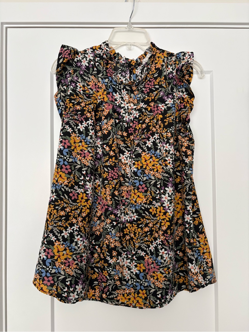 Women's Black Floral Ruffle-Neck Blouse